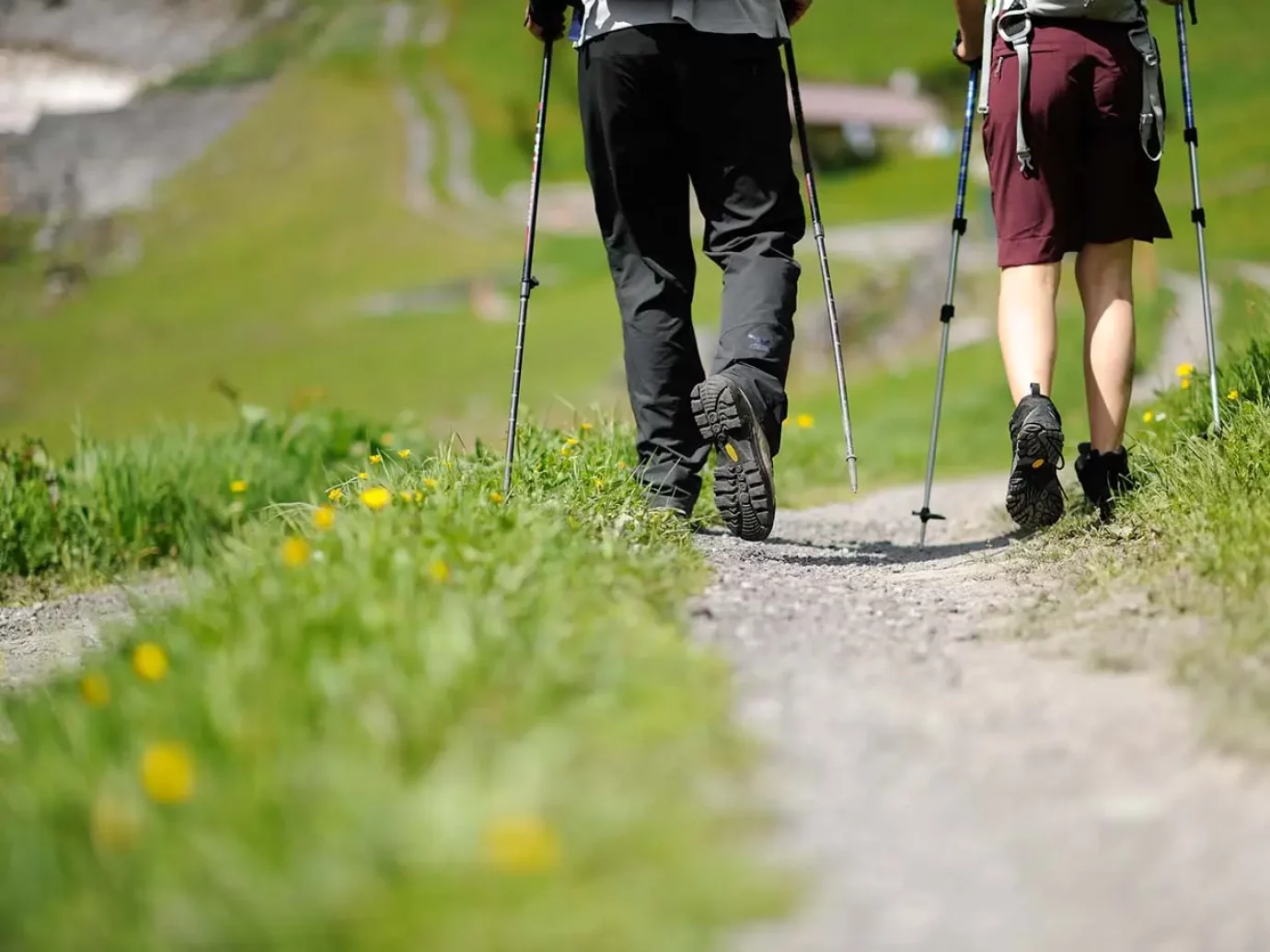 2 Personen in grüner Landschaft am Arlberg am Wandern mit Wanderausrüstung.
